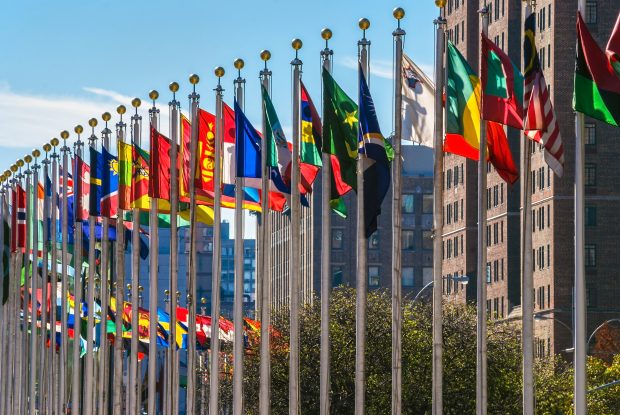 Country flags flying at the UN