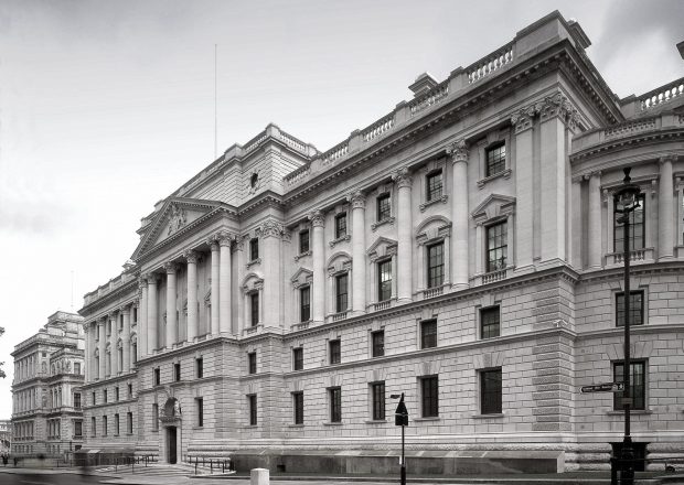 black and white photo of front of HM Treasury